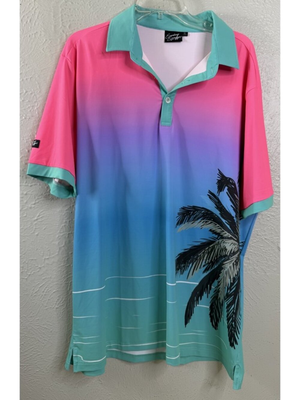 Sunday Swagger Men's XL Golf Polo Shirt Teal Neon Pink Palm Tree Poly/Span EUC